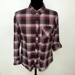 LAURA SCOTT | Women’s Chocolate Brown and Pink Plaid Flannel Shirt Sz Small